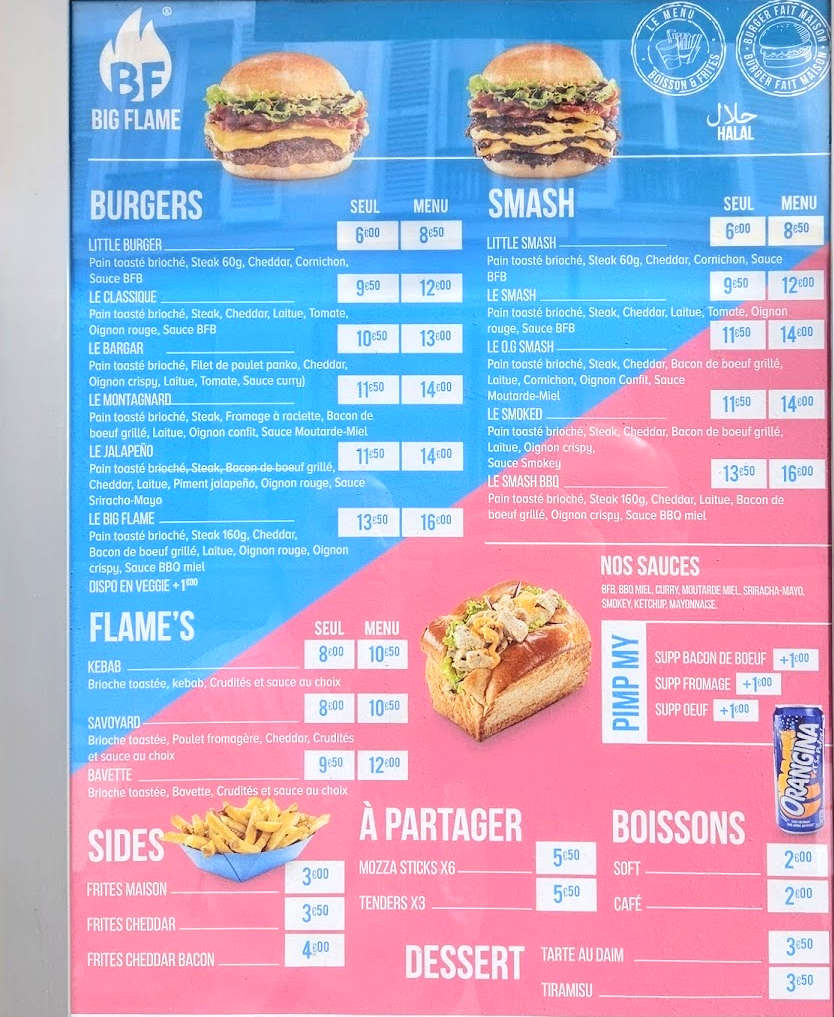big flame restaurant burger carte