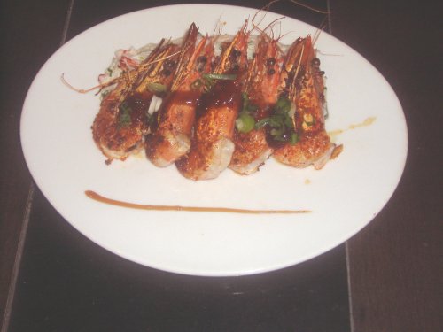 Restaurant le Pinxo  à Paris 1er - les bonnes gambas pimentées à l'oignon vert et riz au lait de coco 